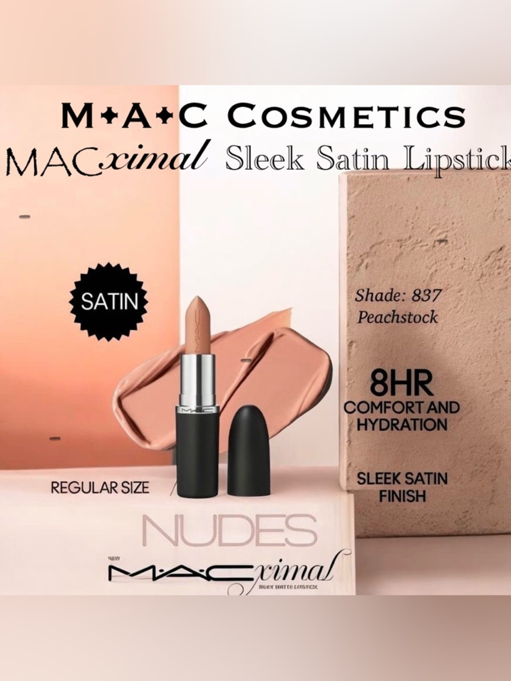 ✨M•A•C Cosmetics 💋 MACximal Sleek Satin Lipstick | 837 Peachstock NEW in box 💄